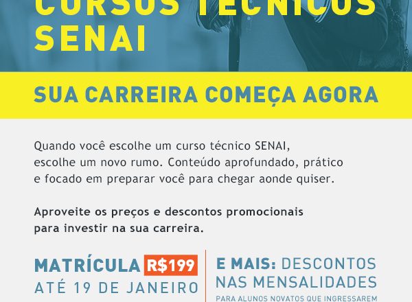 O SENAI Araxá está com inscrições abertas para pré-matrículas dos Cursos Técnico em Eletromecânica e Técnico em Eletrotécnica