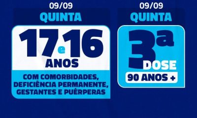 Vacinação de jovens de 16 e 17 anos com comorbidades e da 3ª dose em idosos de 90 anos segue nesta quinta-feira