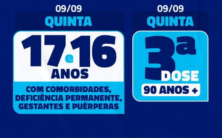 Vacinação de jovens de 16 e 17 anos com comorbidades e da 3ª dose em idosos de 90 anos segue nesta quinta-feira